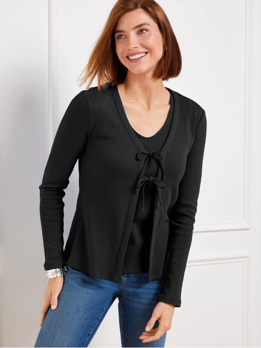 Talbots Ribbed Tie Front Black Cardigan Top Size XS